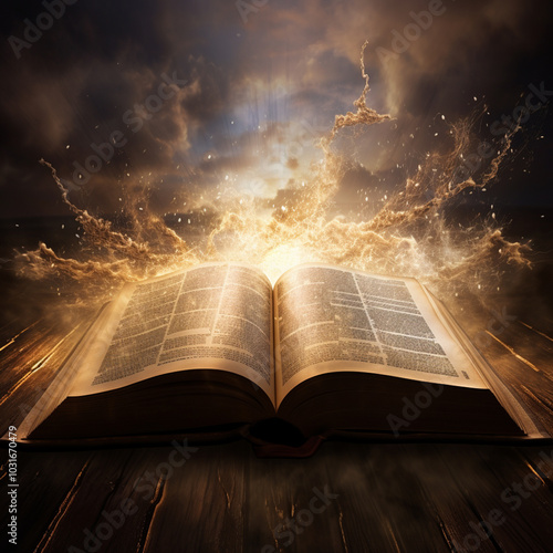 photo holy bible with rays of light coming out