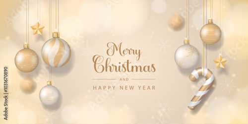 Merry Christmas Banner with Golden Christmas Ornaments. Vector illustration.