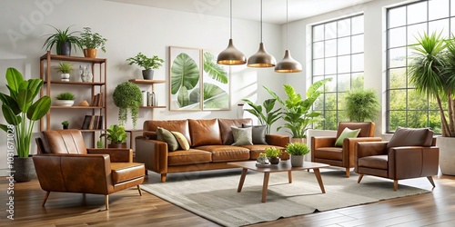 Stylish Brown Modern Furniture Collection with Plants on White Background for Contemporary Interior Design Inspiration