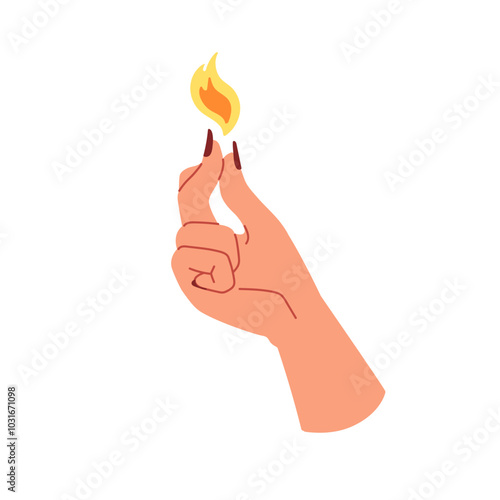 Witch hand snapping fingers with burning fire flame, black magic power. Mystical energy, light concept. Esoteric occult spiritual symbol. Flat vector illustration isolated on white background