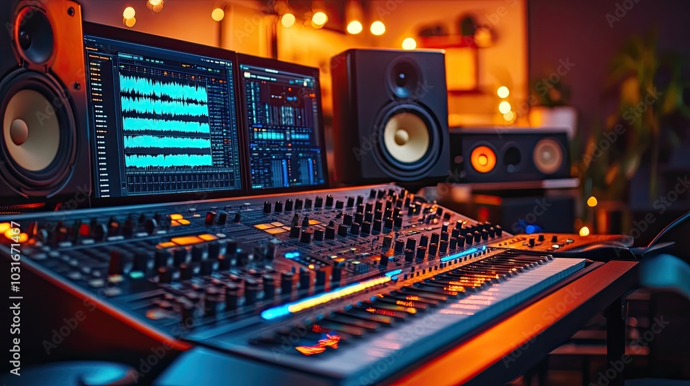 Professional audio mixing console with speakers. Capture the essence of music production and sound engineering. Professional audio mixing console with speakers. Capture the essence of music production and sound engineering.