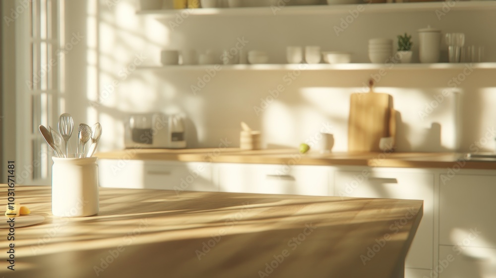 Kitchen Utensils in a White Ceramic Jar on a Wooden Table with Sunlight Streaming Through a Window Kitchen Utensils in a White Ceramic Jar on a Wooden Table with Sunlight Streaming Through a Window