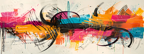 Vibrant abstract artwork with dynamic brushstrokes and bold colors like orange, pink, and blue, creating a lively, energetic atmosphere.