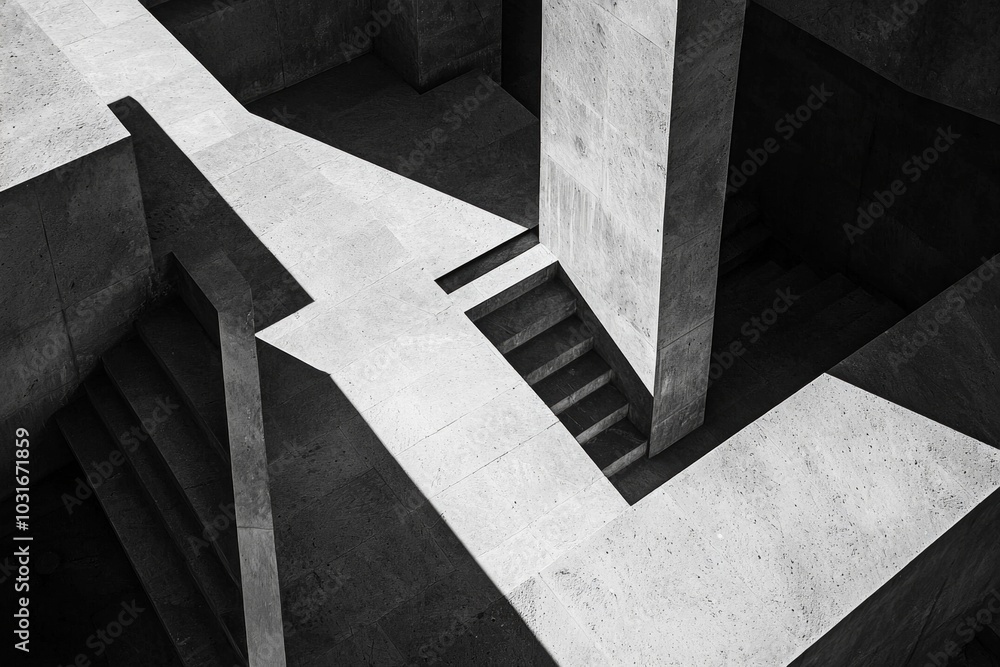 Fototapeta premium A top-down view of geometric architecture with sharp lines, casting bold shadows in the midday sun.