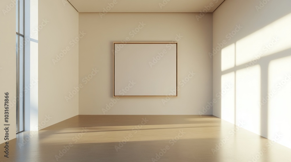 A Single Framed Canvas Hanging on a Blank Wall in an Empty Room A Single Framed Canvas Hanging on a Blank Wall in an Empty Room