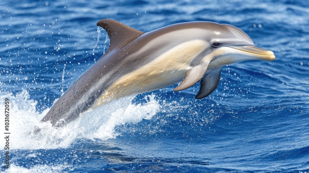 Fototapeta premium A dolphin leaps out of the water, creating a splash.