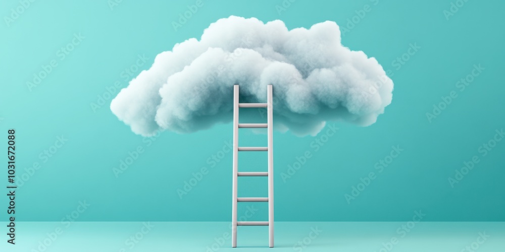 Surreal concept of ladder reaching into a dreamy cloud on turquoise background Surreal concept of ladder reaching into a dreamy cloud on turquoise background