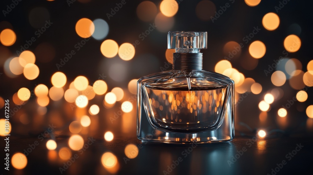 Elegant Perfume Bottle with Soft Bokeh Lights Background Elegant Perfume Bottle with Soft Bokeh Lights Background