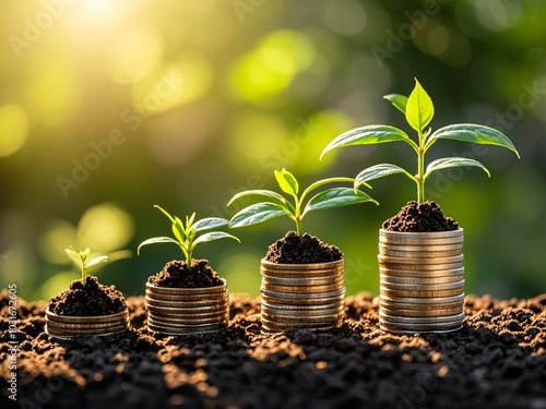 Green Plants On Coins In Increase With Flare Light Effects - Money Growth Concept
