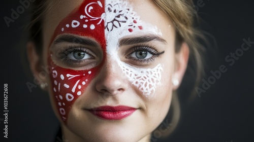  A woman with red and white facial paint gazes at the camera, sporting a matching red-and-white patterned design on her face