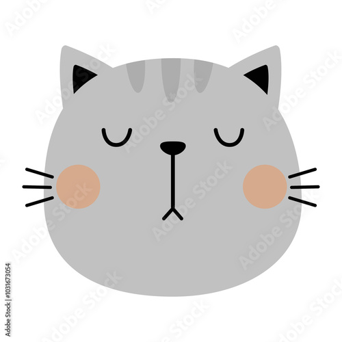 Gray cat kitten round face. Funny head icon. Pink cheeks. Cute kawaii cartoon character. Valentines Day. Childish style. Sticker print. Greeting card template. White background. Flat design. Vector