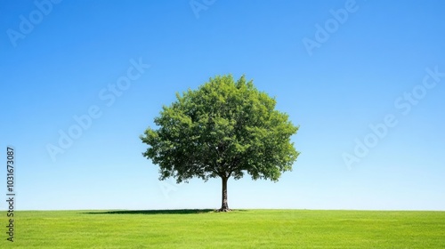 A single tree stands tall against a bright blue sky on a grassy field.