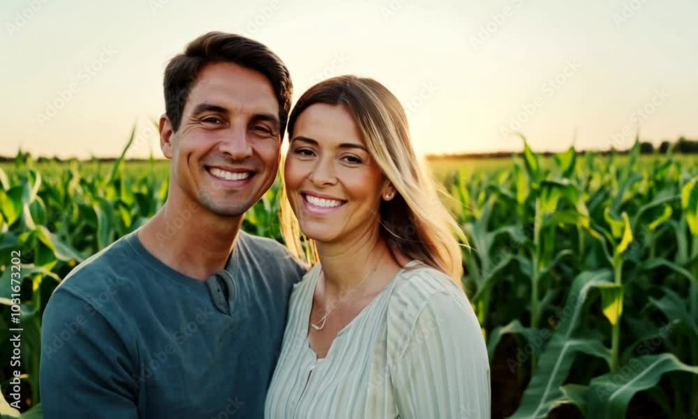 Happy couple standing in a field of corn. Happy couple standing in a field of corn.