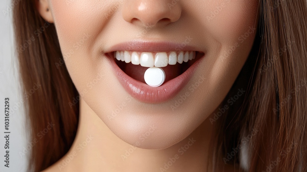 Close-up of Woman's Mouth Holding a White Pill with Teeth. Close-up of Woman's Mouth Holding a White Pill with Teeth.