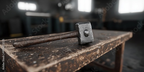 Vintage Hammer on Rusted Wooden Workbench in Workshop Setting