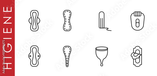 Feminine hygiene pad icons. Personal hygiene linear icons for women. Different types of pads, tampons. Concept of Menstruation, critical days. Vector illustration isolated