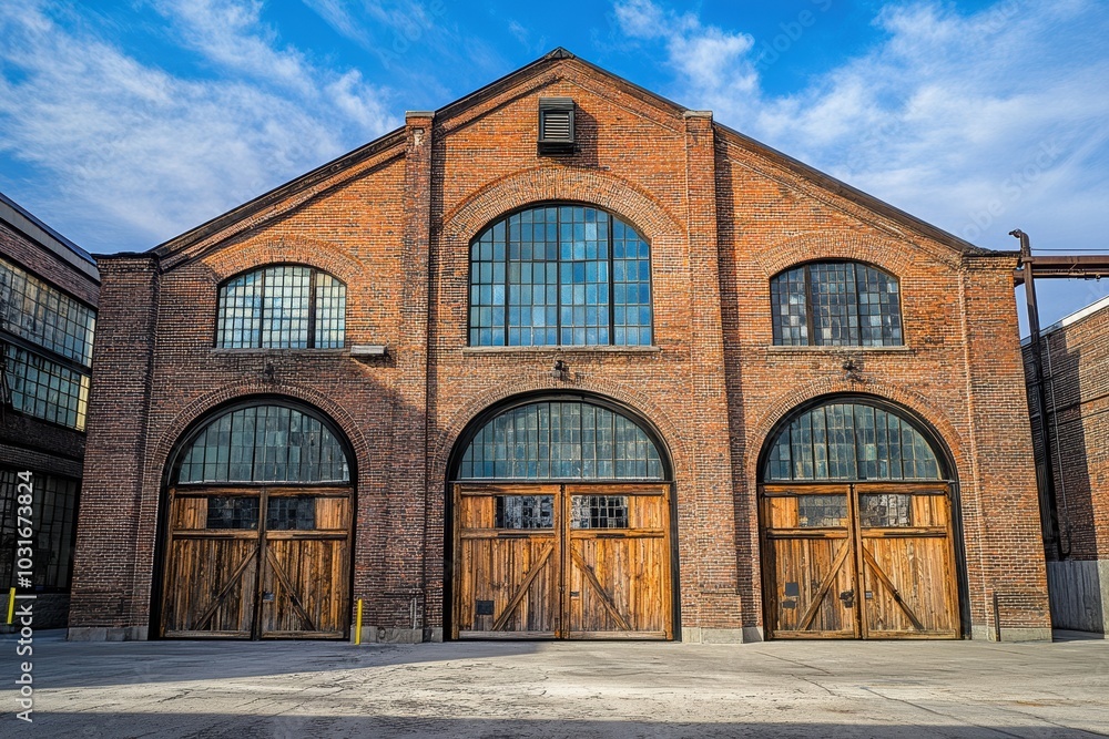 Fototapeta premium A large, old brick warehouse with tall, arched windows, and weathered wooden doors.