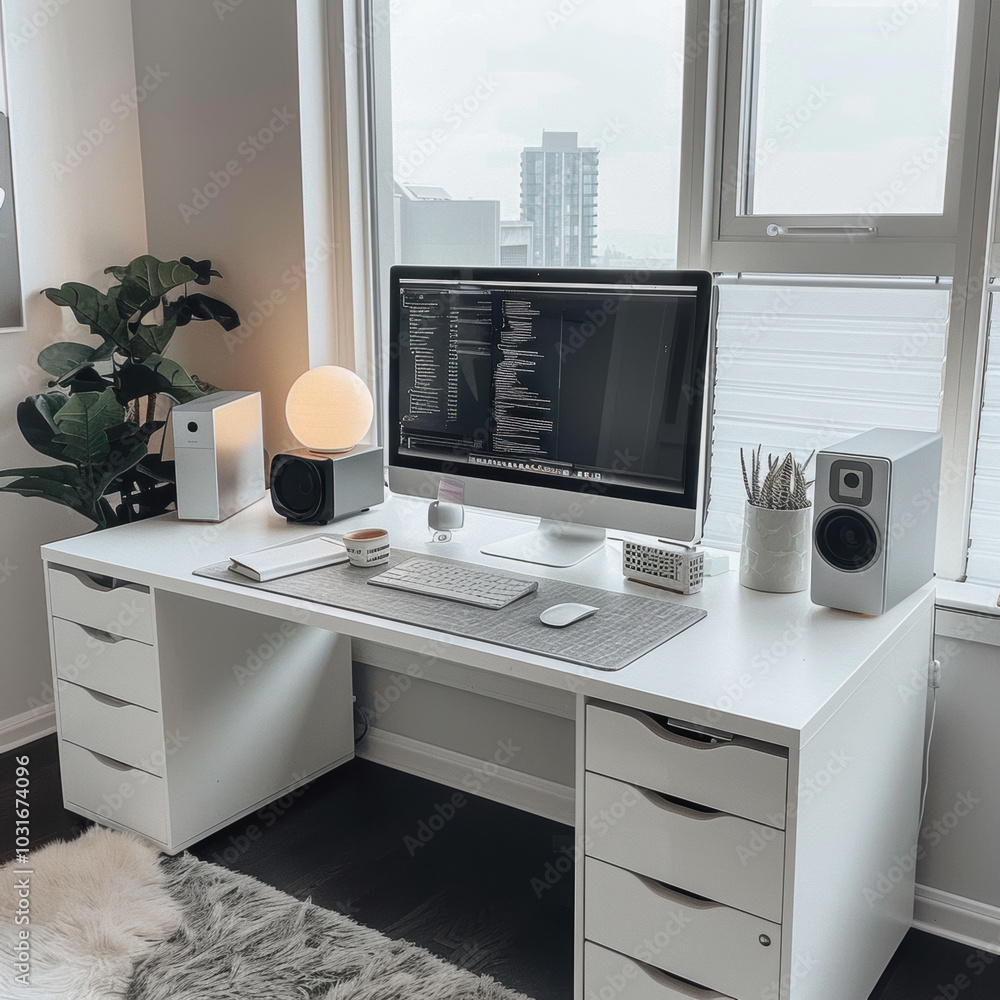 Modern Home Office Interior with Plants and Computer Modern Home Office Interior with Plants and Computer