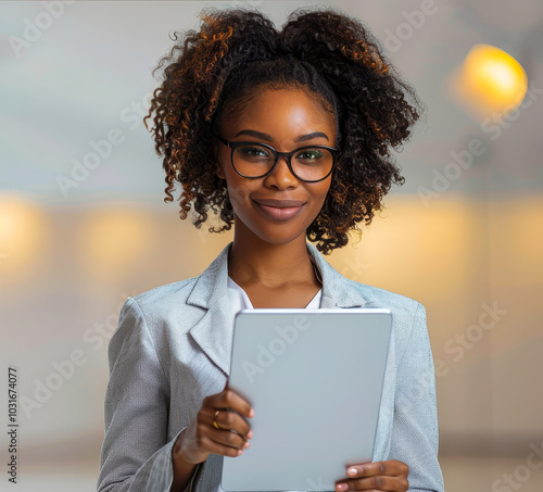 Wallpaper Mural Confident African American Businesswoman Using Digital Tablet in Office Setting, Daytime, Positive Mood, Professional Attire, Modern Technology for Work Torontodigital.ca
