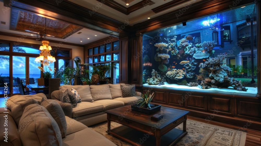 Luxurious Living Room with Large Aquarium and Ocean View Luxurious Living Room with Large Aquarium and Ocean View