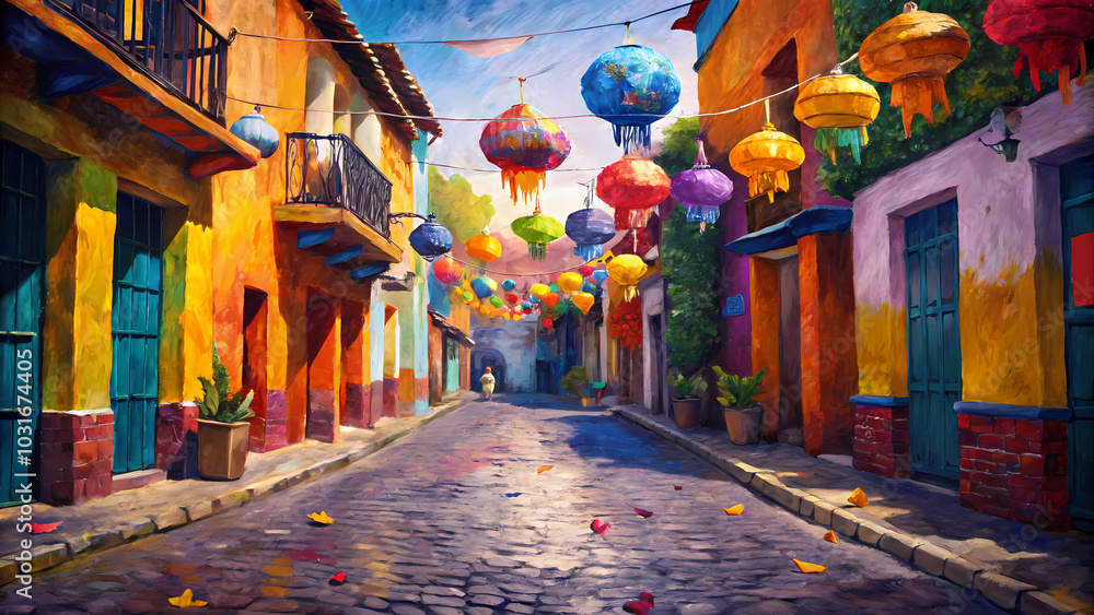 Fototapeta premium Colorful street decorated for Las Posadas festival