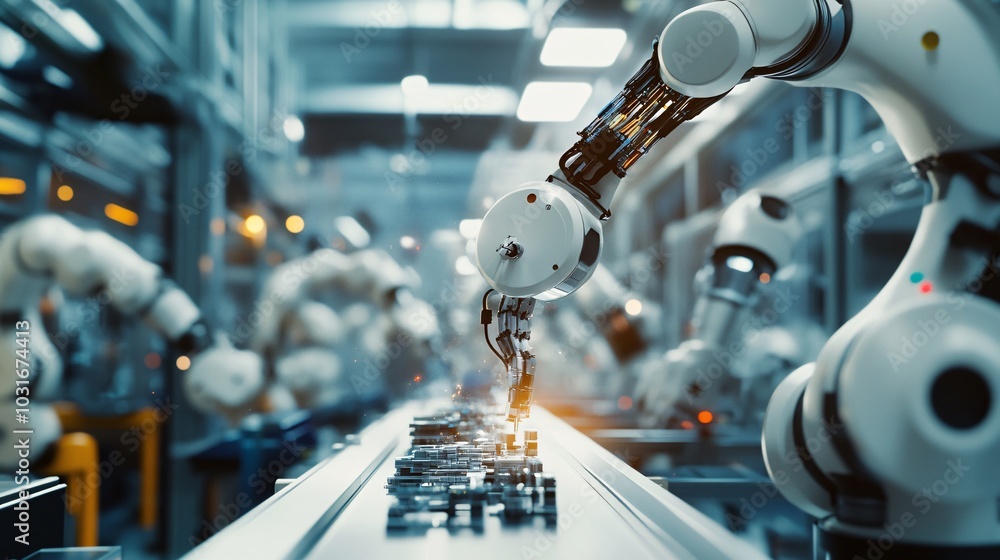 A robotic arm assembles components on a factory line, showcasing advanced automation in a high-tech industrial environment. A robotic arm assembles components on a factory line, showcasing advanced automation in a high-tech industrial environment.