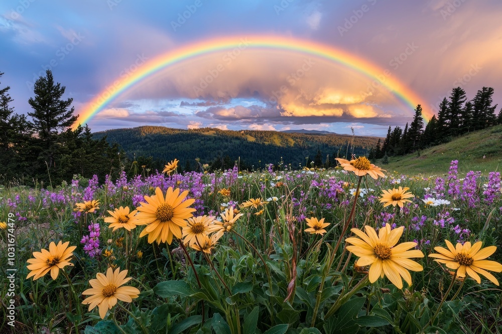 A vibrant rainbow arcing over a field of wildflowers after a summer rain. A vibrant rainbow arcing over a field of wildflowers after a summer rain.