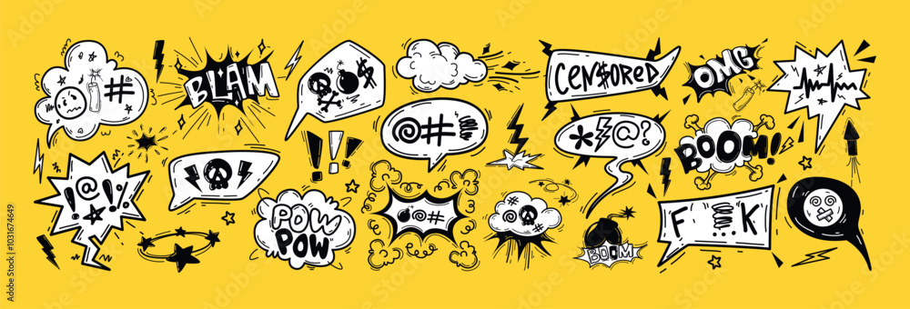 Hand drawn speech bubble doodle set with insult, curses, vulgar rage ...