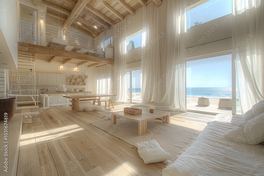 Obraz premium Modern Beachfront Living Space with Elegant Minimalist Design and Ocean View