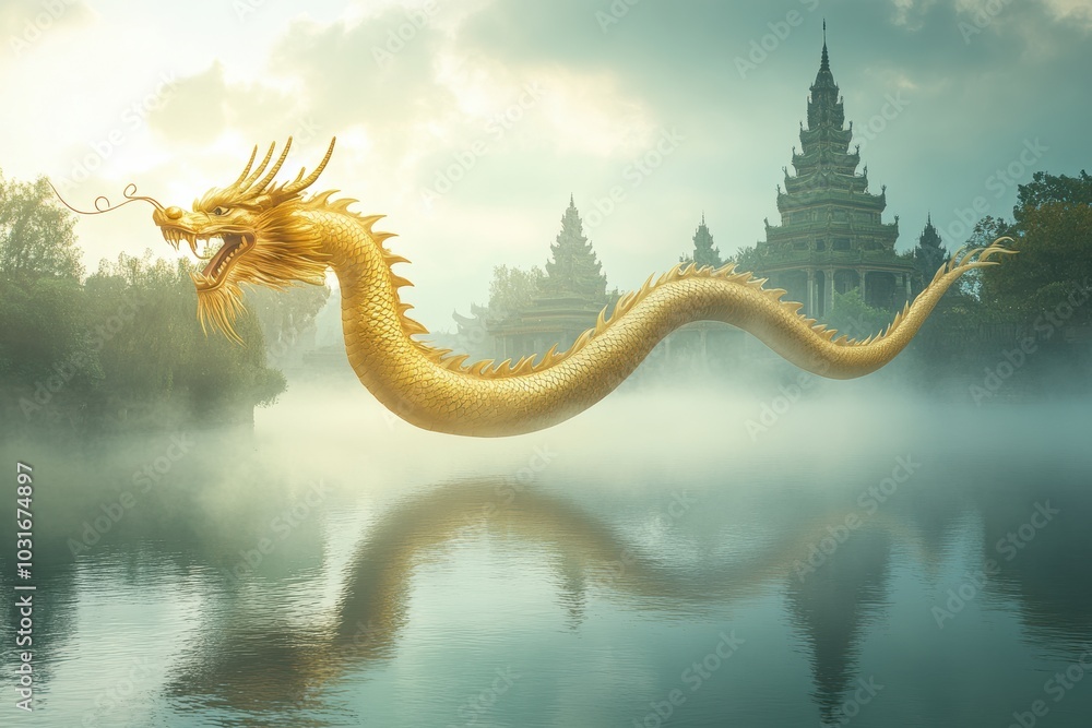 A long, serpentine Chinese dragon with golden scales winding gracefully through the air above a calm river A long, serpentine Chinese dragon with golden scales winding gracefully through the air above a calm river