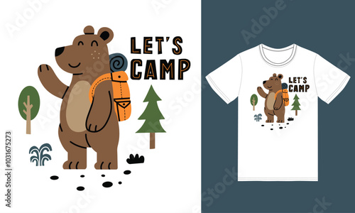 Cute bear camping illustration with tshirt design premium vector photo