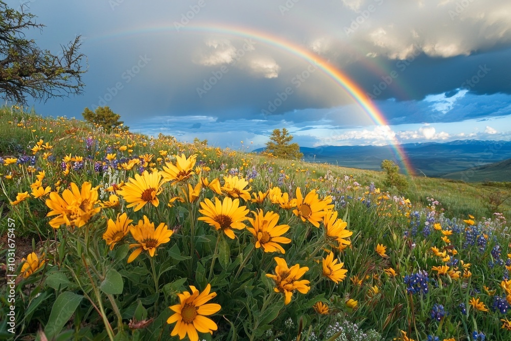 A vibrant rainbow arcing over a field of wildflowers after a summer rain. A vibrant rainbow arcing over a field of wildflowers after a summer rain.