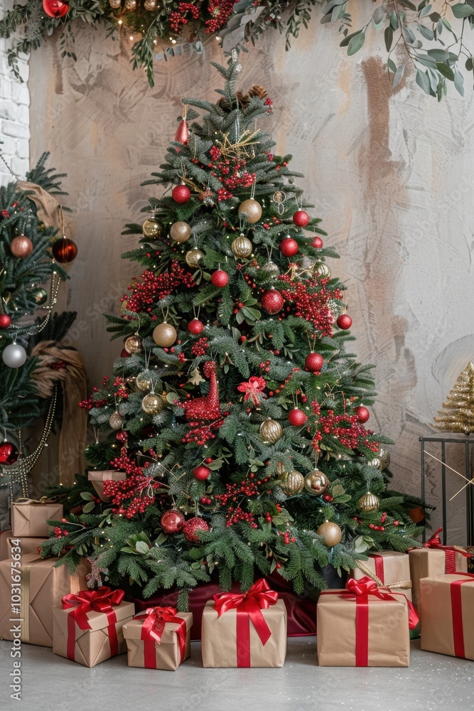 Elegant Christmas Tree with Festive Decorations and Gifts Elegant Christmas Tree with Festive Decorations and Gifts