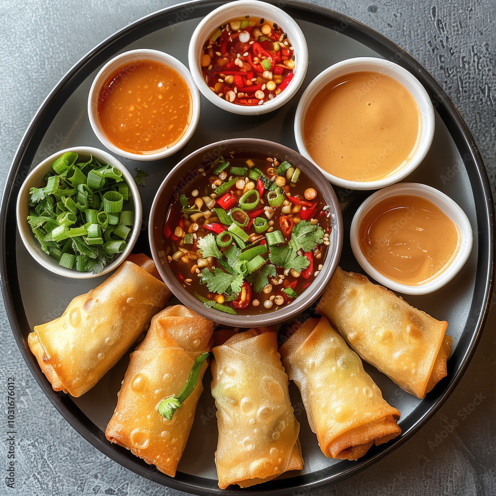 Golden, crispy fried spring rolls served on a plate alongside a variety of dipping sauces like peanut sauce and sweet and sour sauce. top view. Golden, crispy fried spring rolls served on a plate alongside a variety of dipping sauces like peanut sauce and sweet and sour sauce. top view.