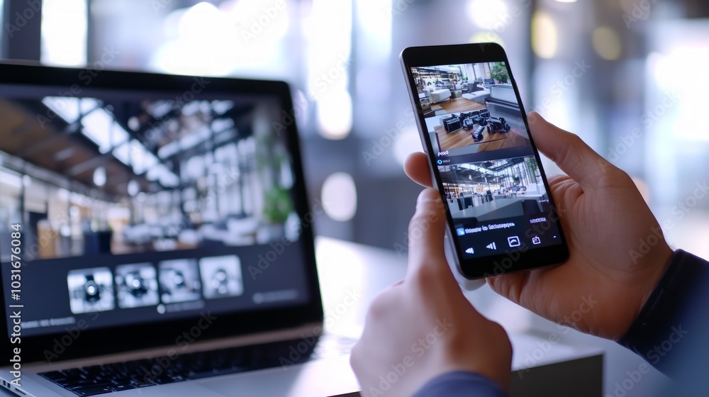 A person using a smartphone to monitor security cameras of a building. The phone is displaying live footage from multiple cameras. A laptop is also open showing the same footage. A person using a smartphone to monitor security cameras of a building. The phone is displaying live footage from multiple cameras. A laptop is also open showing the same footage.