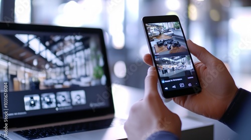 A person using a smartphone to monitor security cameras of a building. The phone is displaying live footage from multiple cameras. A laptop is also open showing the same footage.