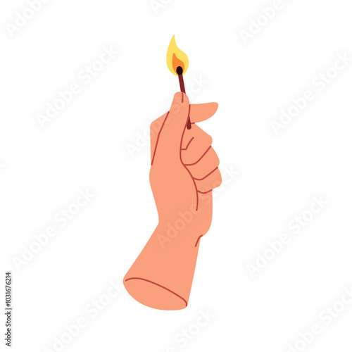 Hand holding lit matchstick with burning flame. Fire head, ignited wood match stick. Ignition, heat, energy symbol, concept. Fiery light. Flat vector illustration isolated on white background