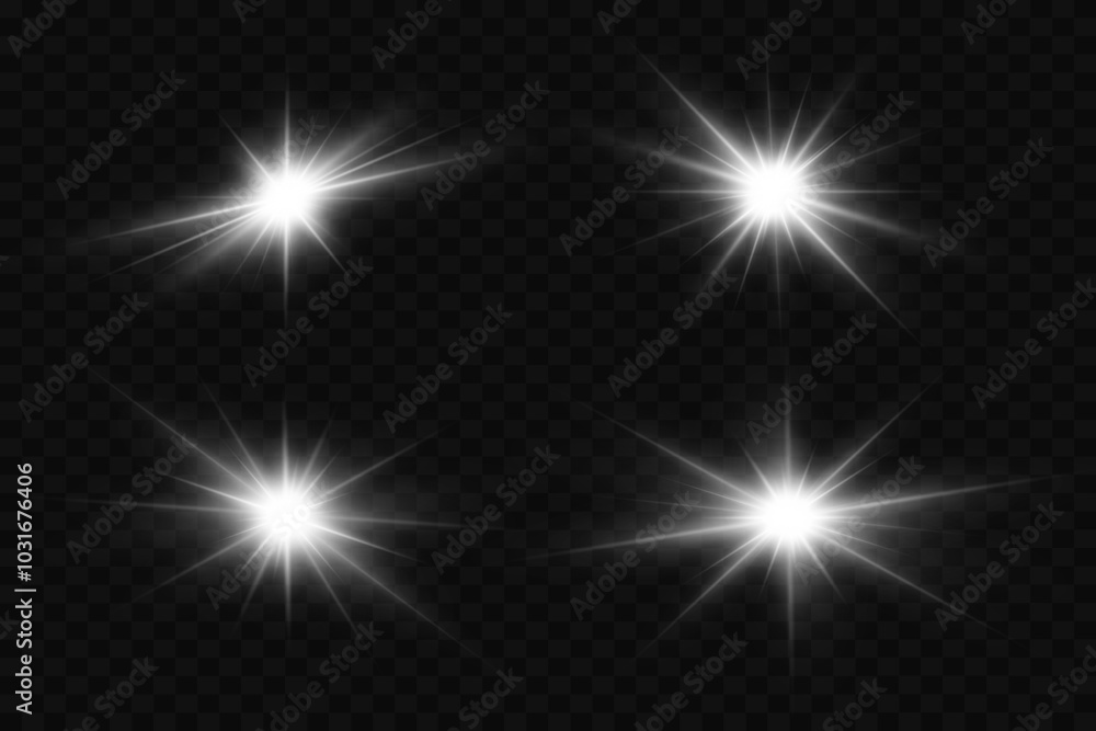 Fototapeta premium Collection of light flares, flash of stars and light. On a transparent background.