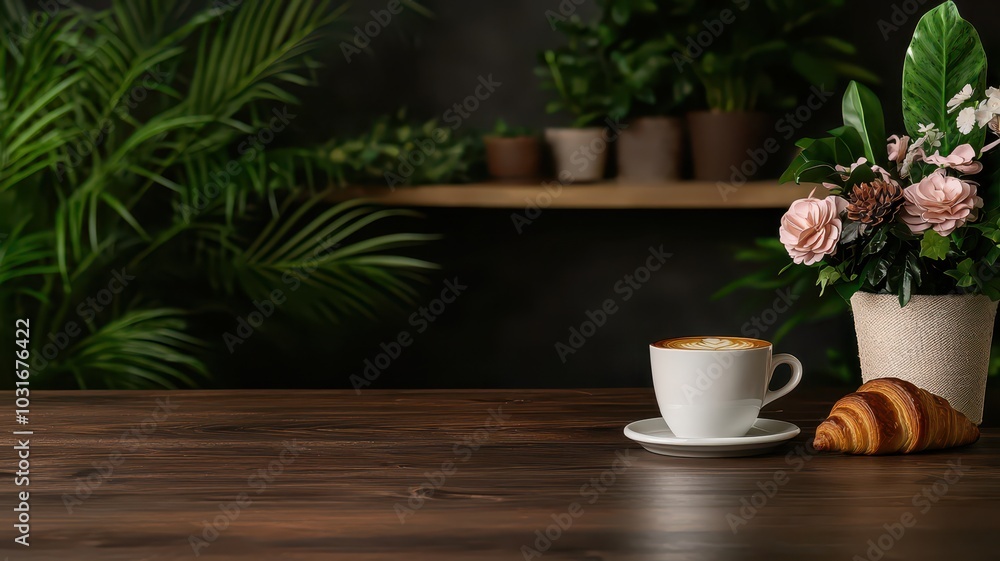 Cozy breakfast scene with coffee and croissants on a wooden table, perfect for adding your text at the top. Cozy breakfast scene with coffee and croissants on a wooden table, perfect for adding your text at the top.