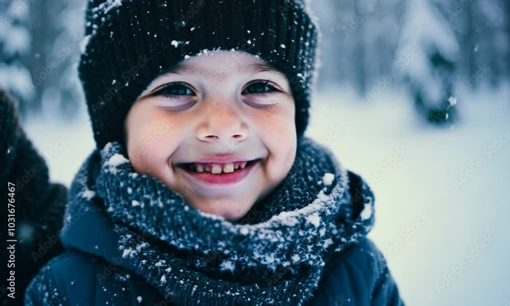 Happy child in a winter hat and scarf smiling in the snow. Happy child in a winter hat and scarf smiling in the snow.
