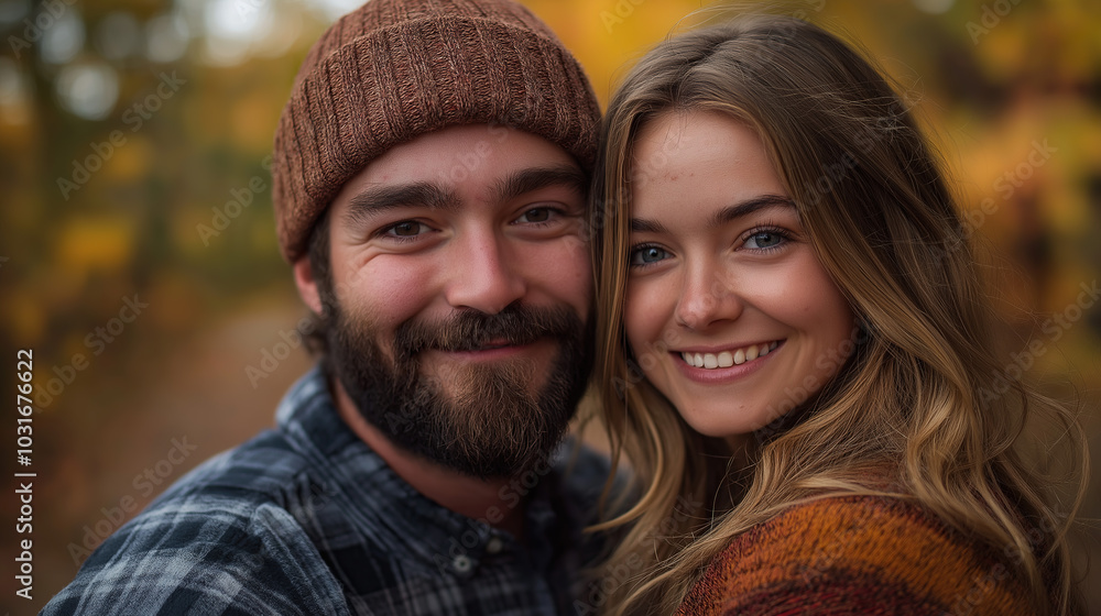 A close-up portrait of an attractive young couple smiling at the camera, with autumn foliage in the background A close-up portrait of an attractive young couple smiling at the camera, with autumn foliage in the background