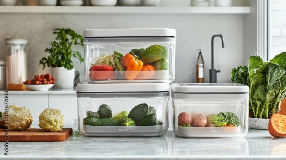 Modern Kitchen Storage Solution with Fresh Vegetables in Clear Containers Modern Kitchen Storage Solution with Fresh Vegetables in Clear Containers