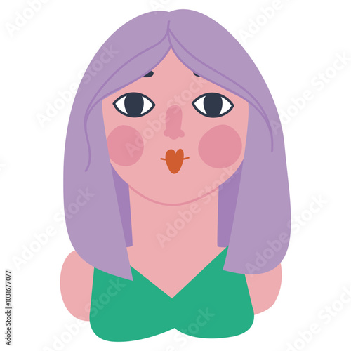 Woman with purple hair. Portrait of a girl in green. Flat vector illustration, eps10