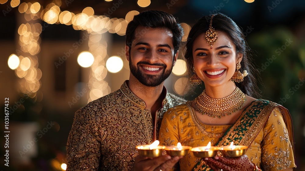 Smiling Indian Couple Celebrating Diwali with Festive Lights Background. Smiling Indian Couple Celebrating Diwali with Festive Lights Background.