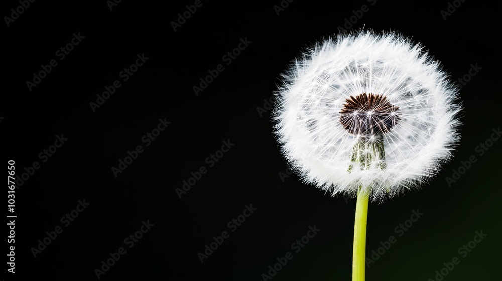 Close-up of a dandelion against a black backdrop, featuring a solitary water droplet in its center Close-up of a dandelion against a black backdrop, featuring a solitary water droplet in its center