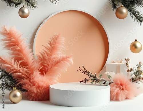 Blue round pedestal for product advertising Christmas mock-up for product placement with podium and Christmas decorations.