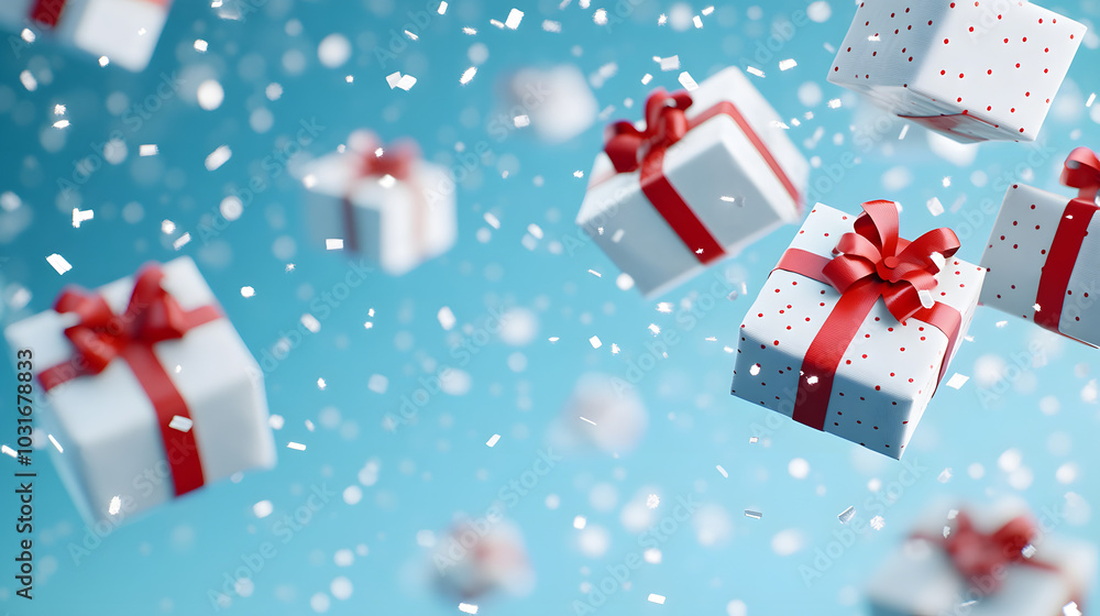An Enchanting Holiday Scene: A 3D Visualization of Beautifully Wrapped Christmas Packages Evolving from an Ethereal Snowy Sky An Enchanting Holiday Scene: A 3D Visualization of Beautifully Wrapped Christmas Packages Evolving from an Ethereal Snowy Sky