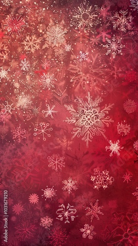 Christmas illustration with various small snowflakes on gradient background in red colors, Christmas Background, New Year's eve