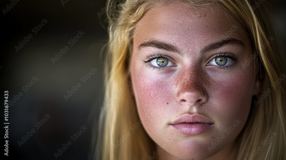 A tight shot of a woman's face, adorned with freckled hair and makeup featuring freckles A tight shot of a woman's face, adorned with freckled hair and makeup featuring freckles