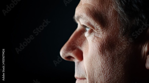  A tight shot of a man's face in darkness, one eye fully open, the other half closed